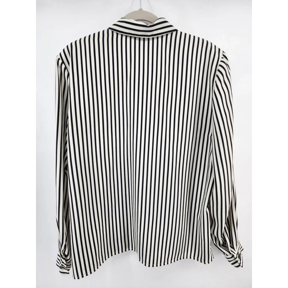 Leslie Fay Sportswear Black White Vertical Striped Button Up Blouse Shirt